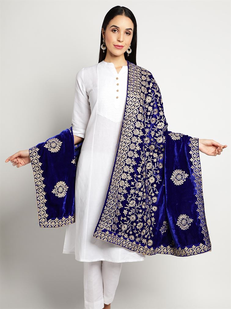 Royal Blue Zari Work Velvet Shawl