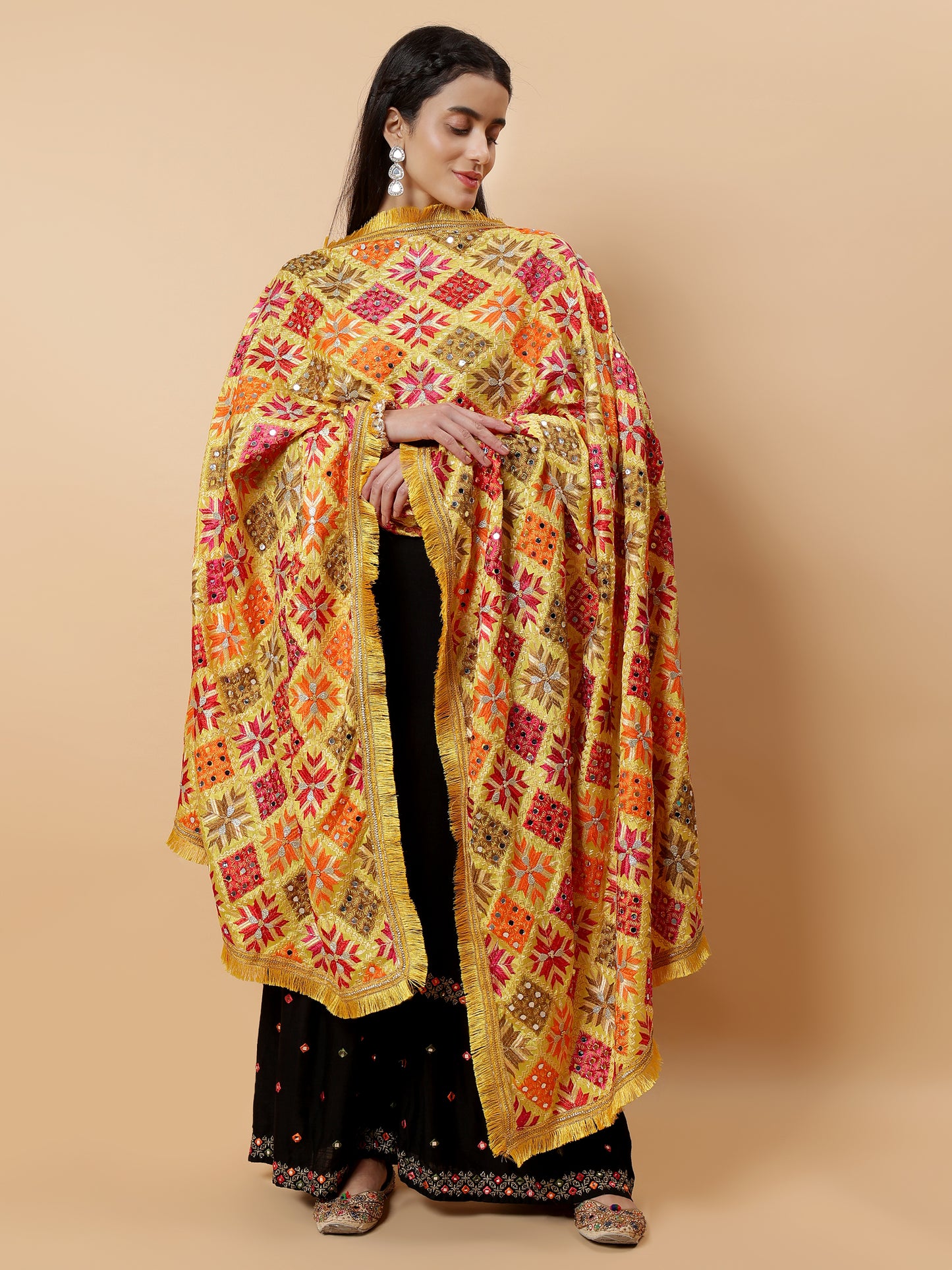 Yellow Geometric Design Phulkari Dupatta with Mirror Work | MCMMPD0319