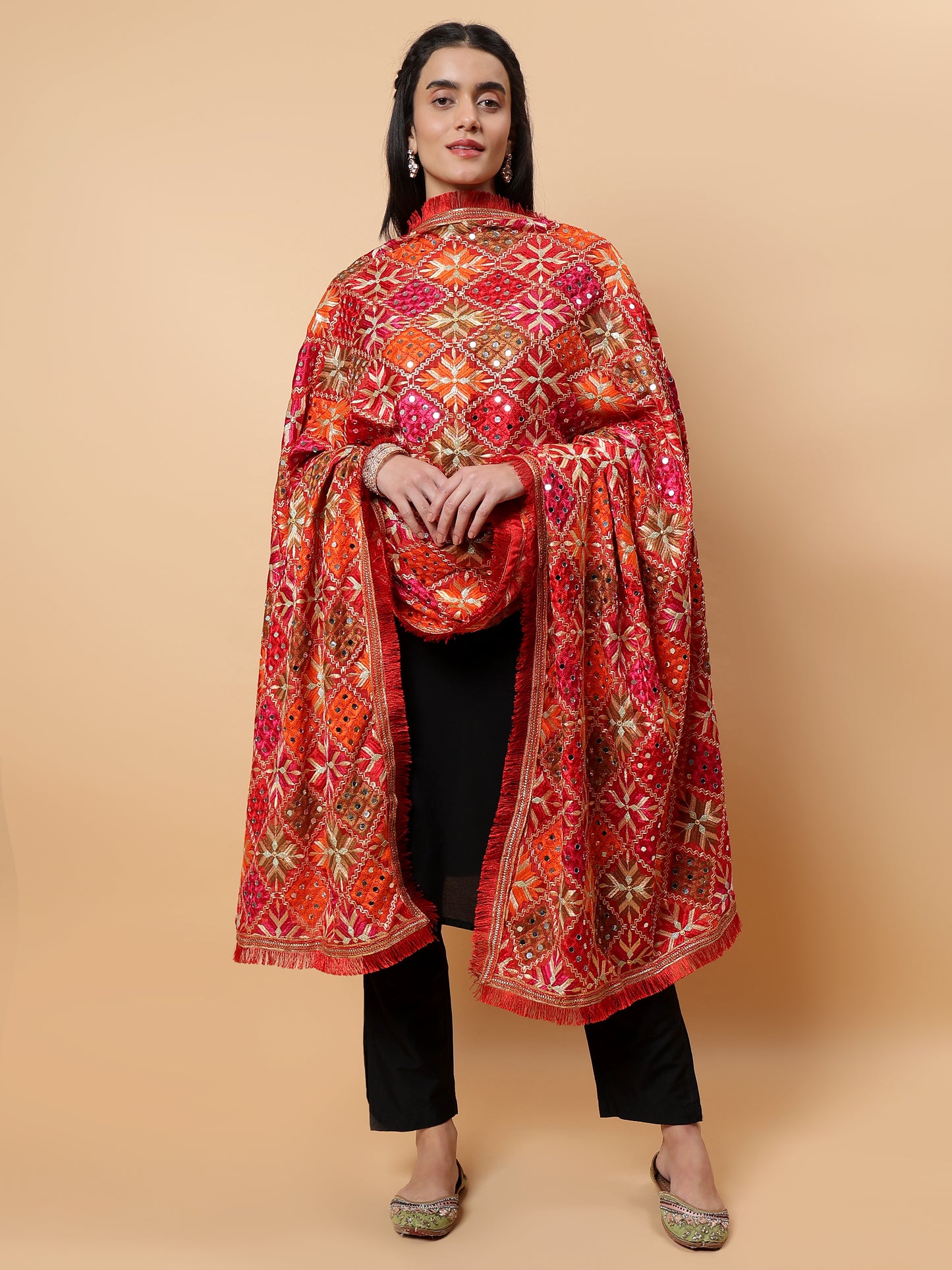 Red Geometric Design Phulkari Dupatta with Mirror Work | MCMMPD0313