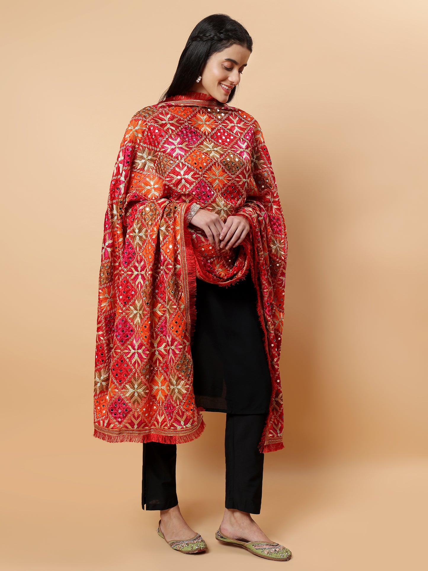 Red Geometric Design Phulkari Dupatta with Mirror Work | MCMMPD0313