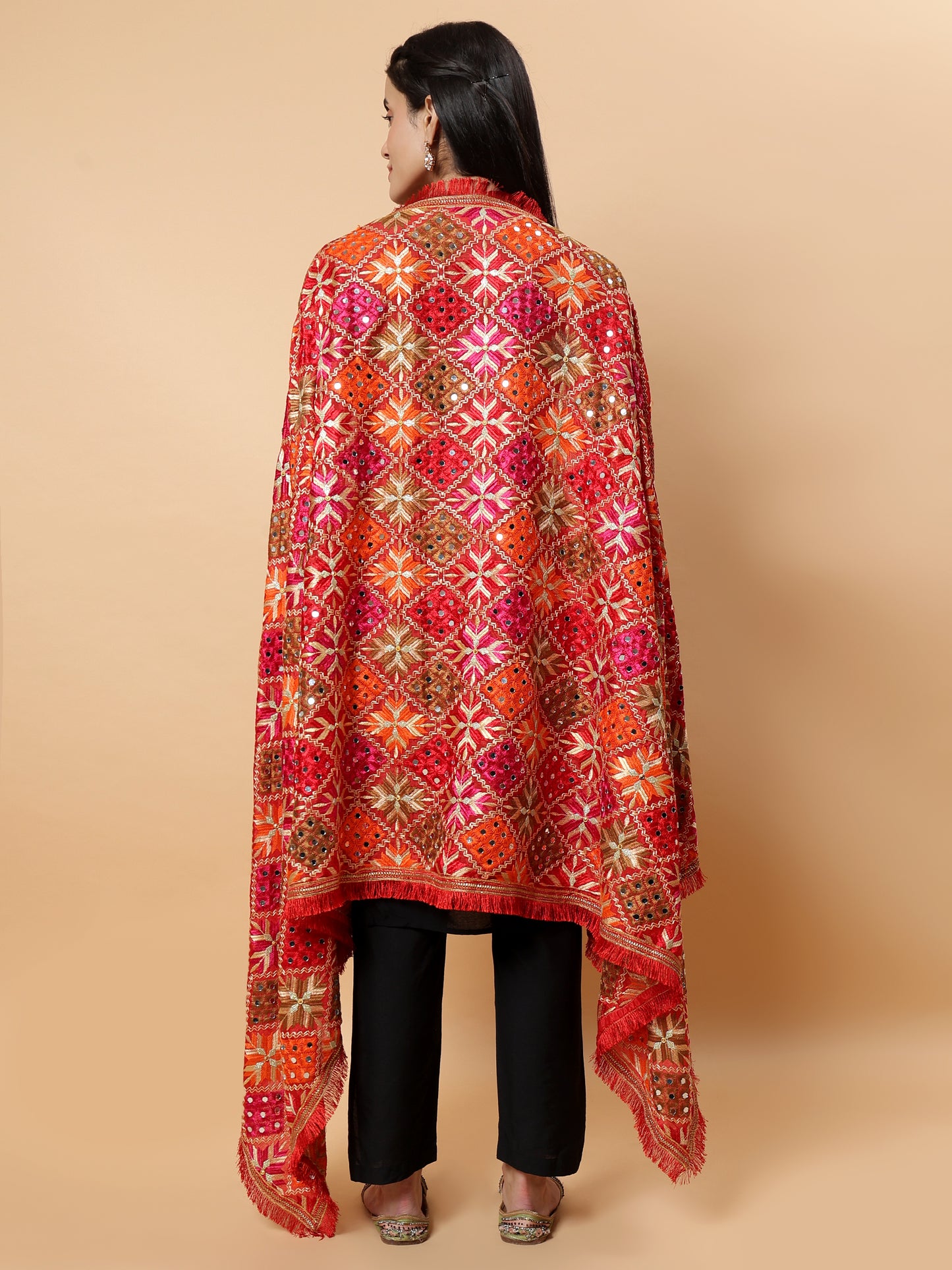 Red Geometric Design Phulkari Dupatta with Mirror Work | MCMMPD0313
