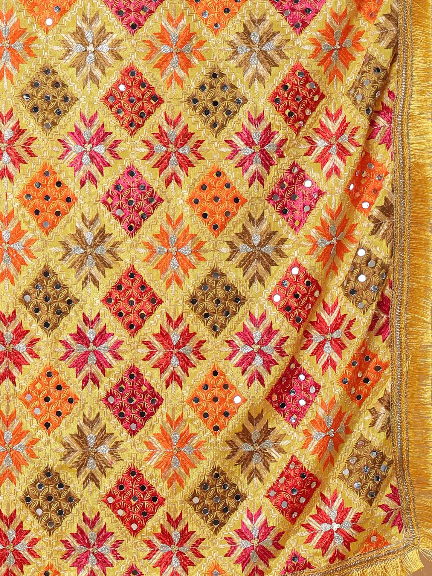 Yellow Geometric Design Phulkari Dupatta with Mirror Work | MCMMPD0319