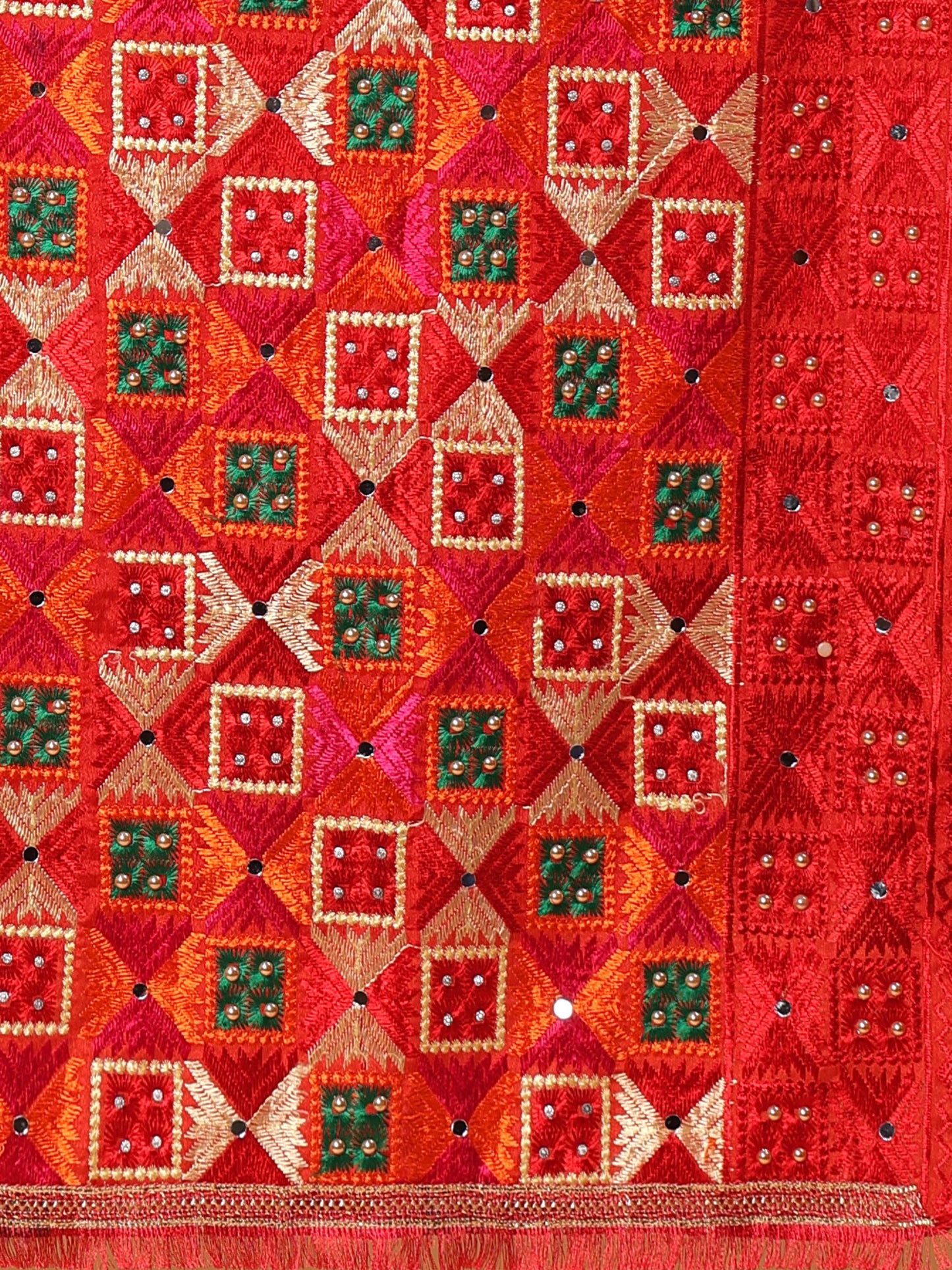 Red Multicolor Phulkari Dupattawith Mirror Work | MCMMPD0283