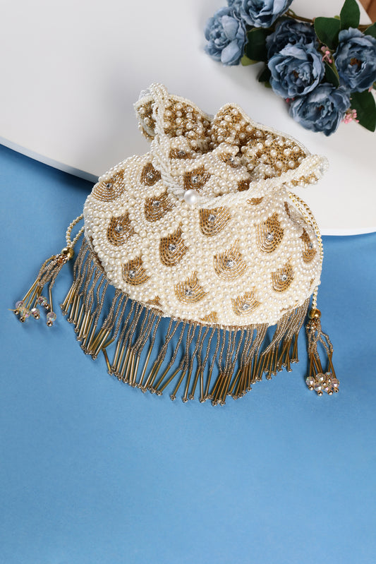 White and gold pearl design potli bag