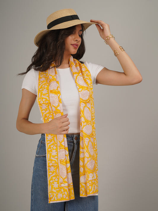 Yellow Floral Handblock Printed Pure Cotton Scarf 71 x 21 Inches-MCHP0021