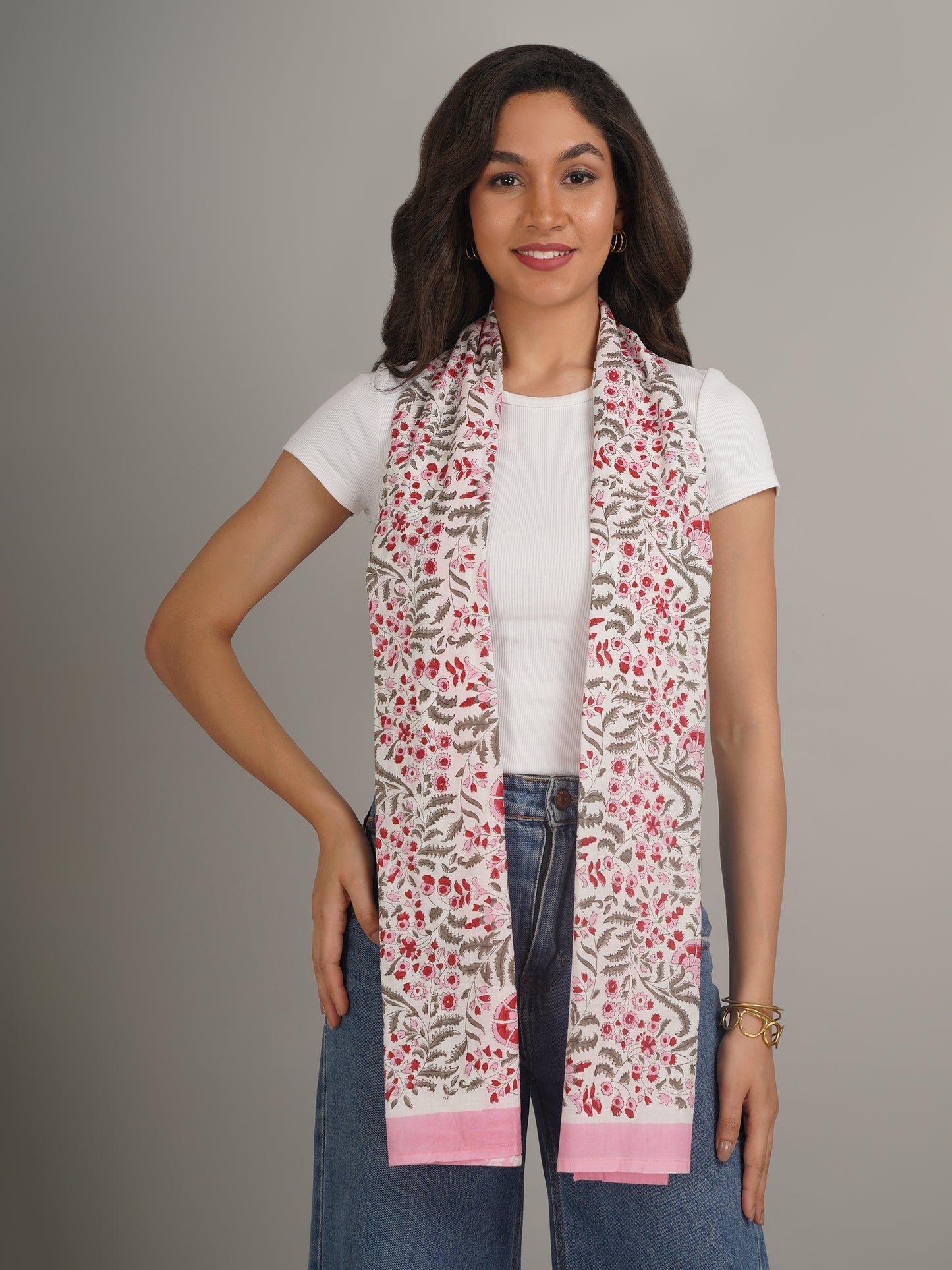 Pink Handblock Printed Pure Cotton Scarf 71 x 21 Inches-MCHP0022