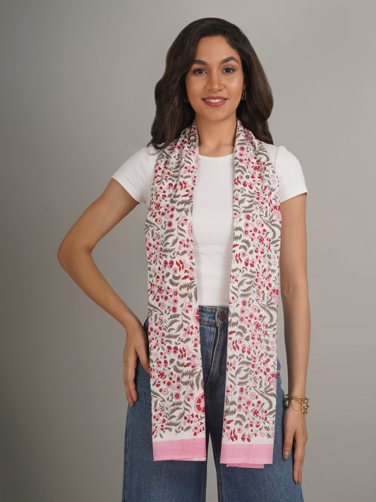 Pink Handblock Printed Pure Cotton Scarf 71 x 21 Inches-MCHP0022