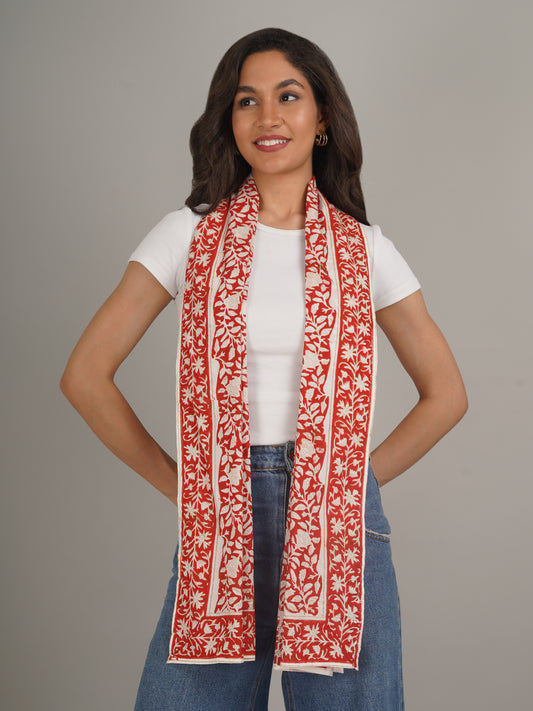 Red Handblock Printed Pure Cotton Scarf 71 x 21 Inches-MCHP0023