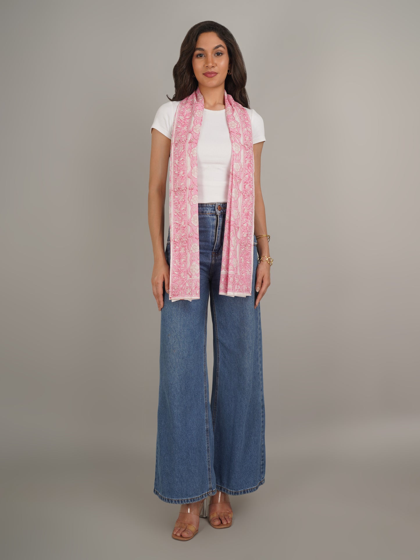 Pink Handblock Printed Pure Cotton Scarf 71 x 21 Inches-MCHP0024
