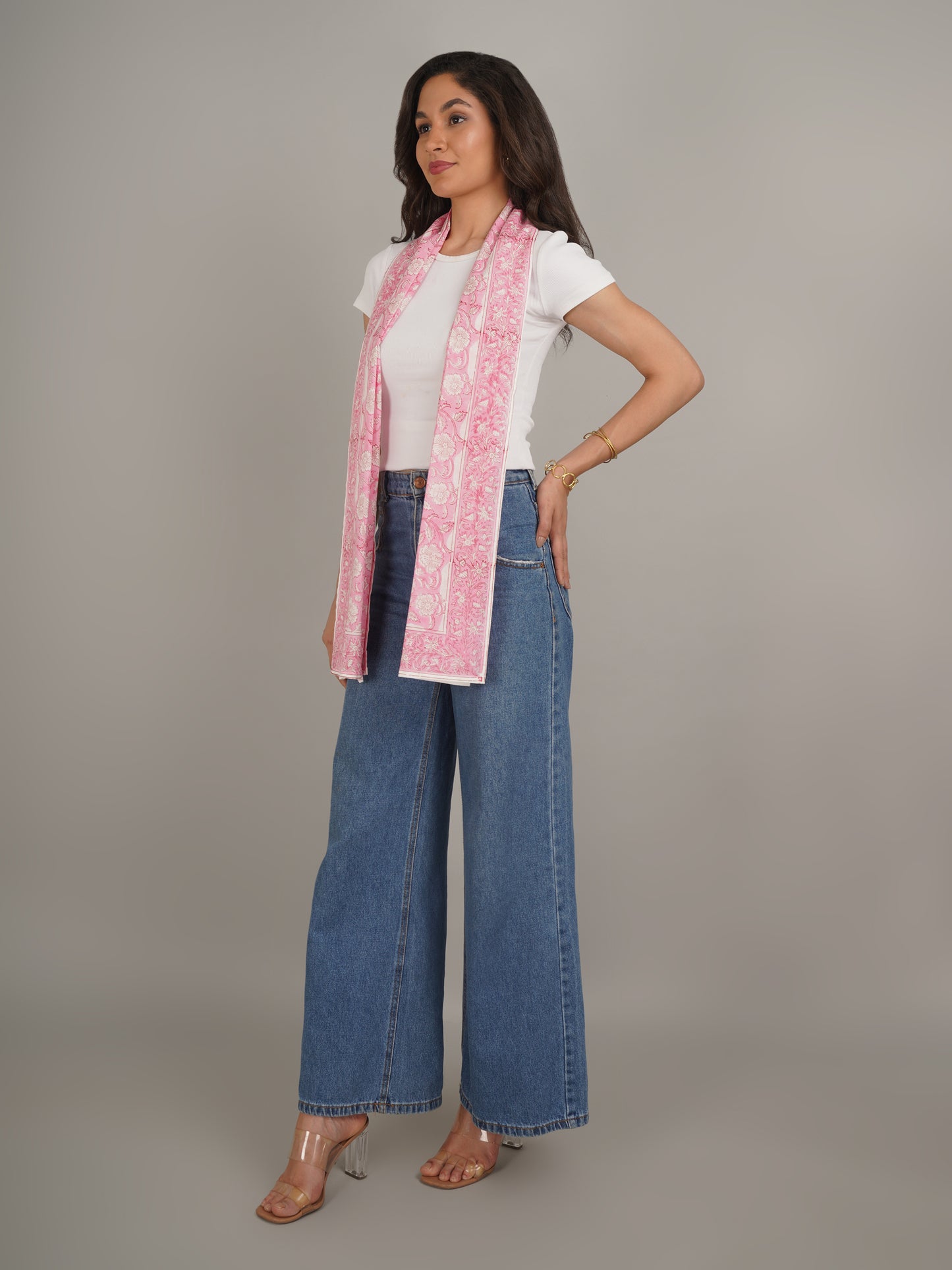 Pink Handblock Printed Pure Cotton Scarf 71 x 21 Inches-MCHP0024