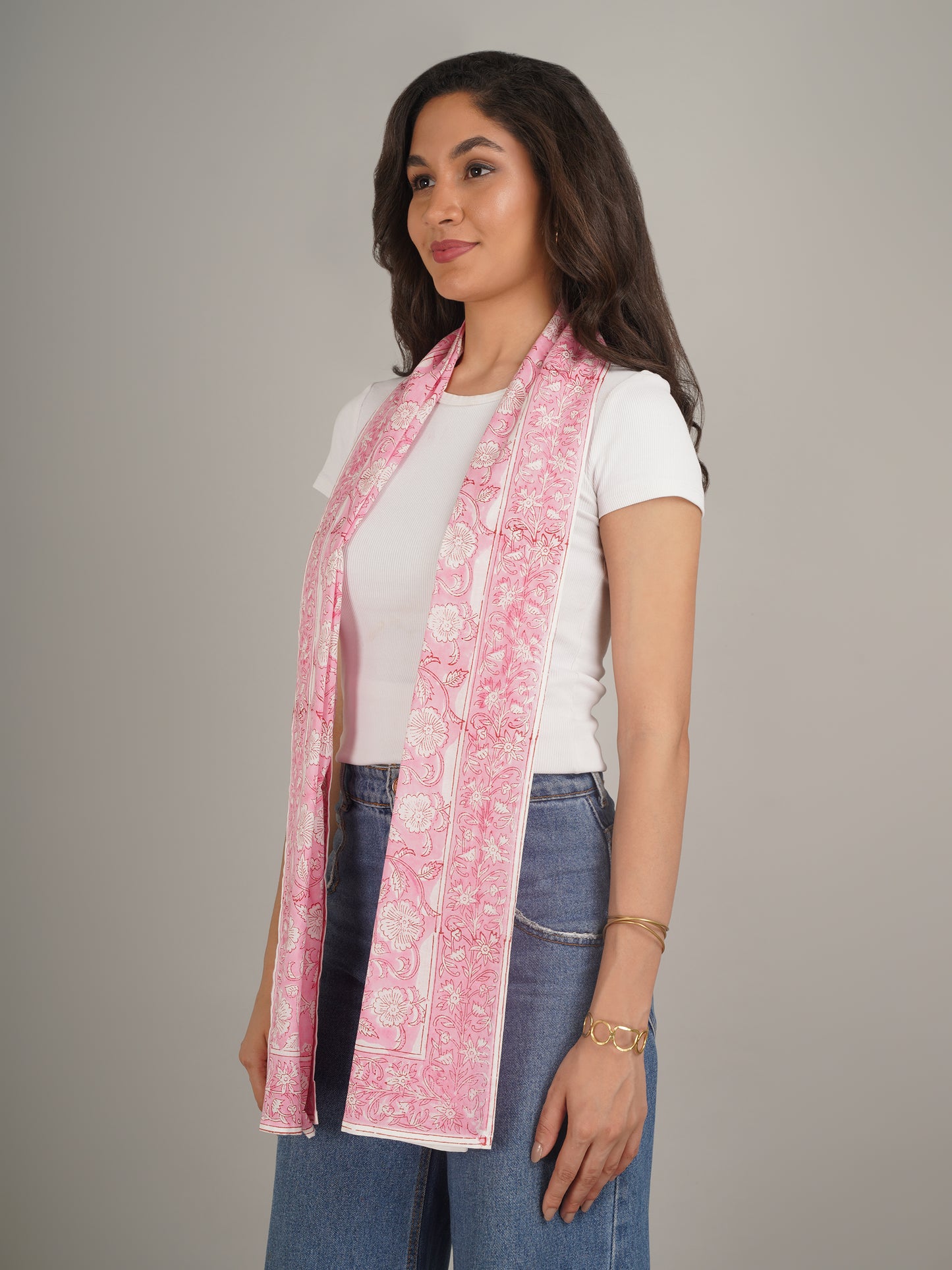 Pink Handblock Printed Pure Cotton Scarf 71 x 21 Inches-MCHP0024