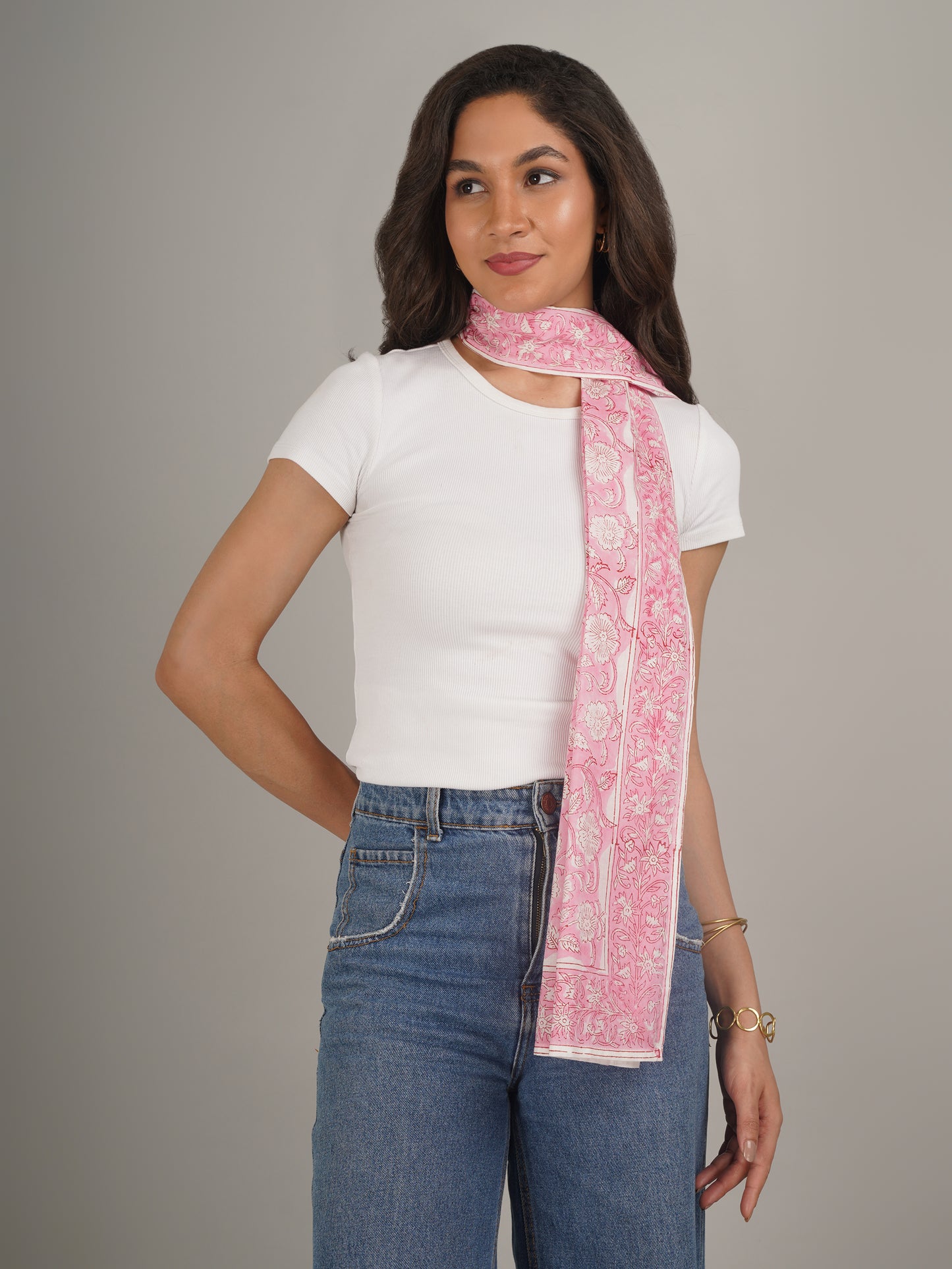 Pink Handblock Printed Pure Cotton Scarf 71 x 21 Inches-MCHP0024