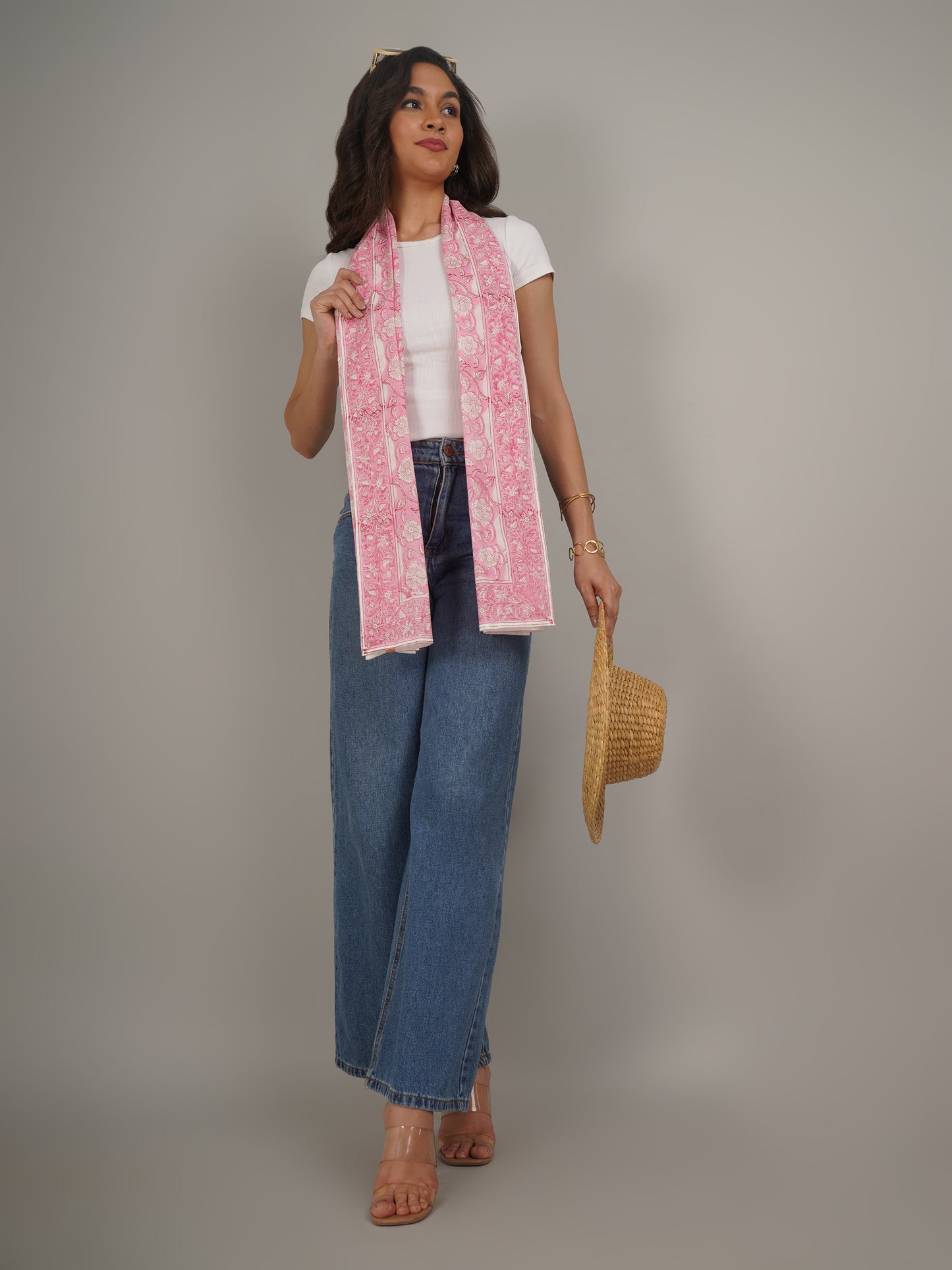 Pink Handblock Printed Pure Cotton Scarf 71 x 21 Inches-MCHP0024