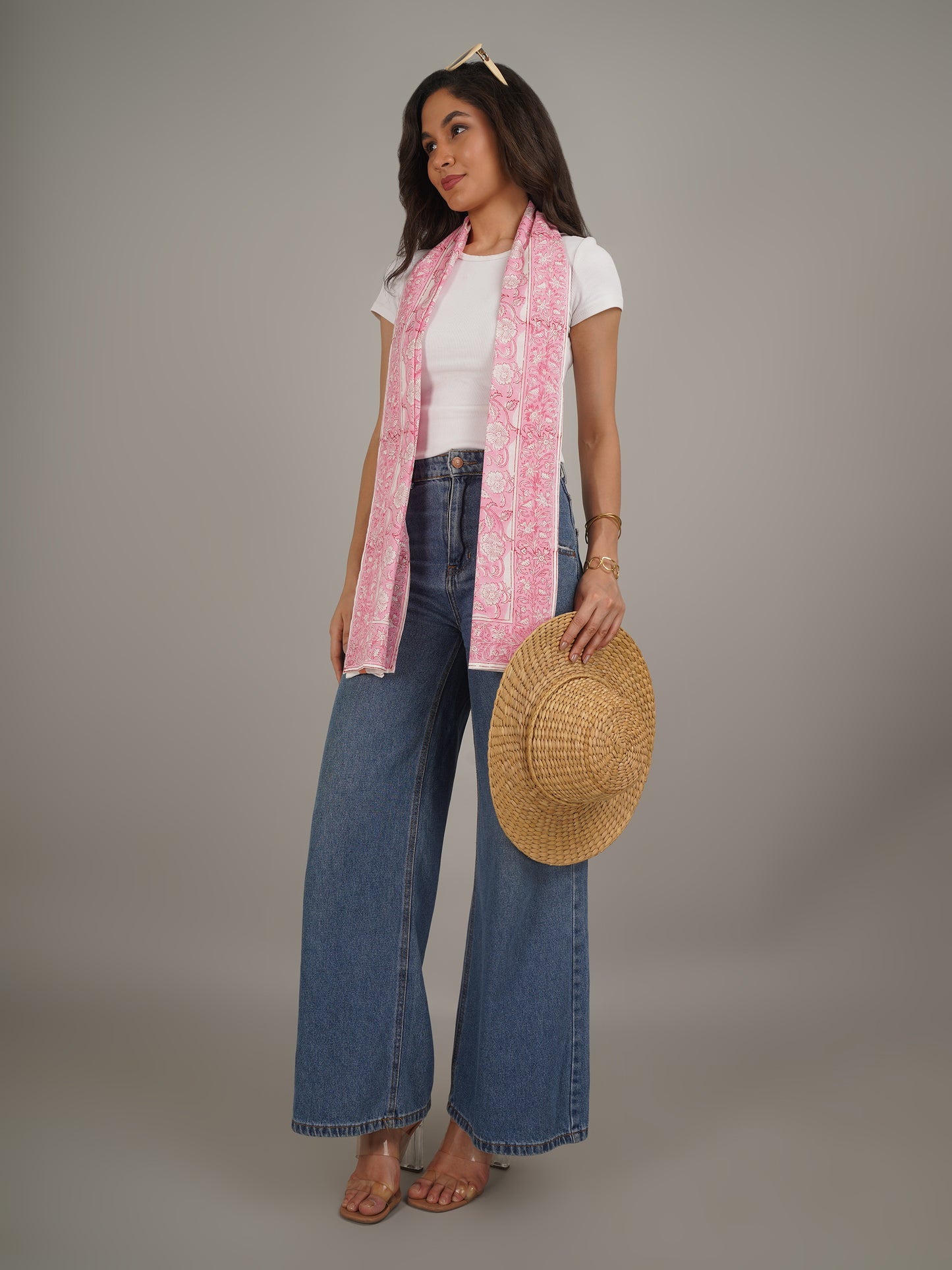 Pink Handblock Printed Pure Cotton Scarf 71 x 21 Inches-MCHP0024