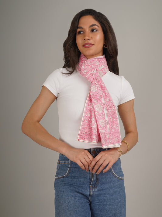 Pink Handblock Printed Pure Cotton Scarf 71 x 21 Inches-MCHP0024
