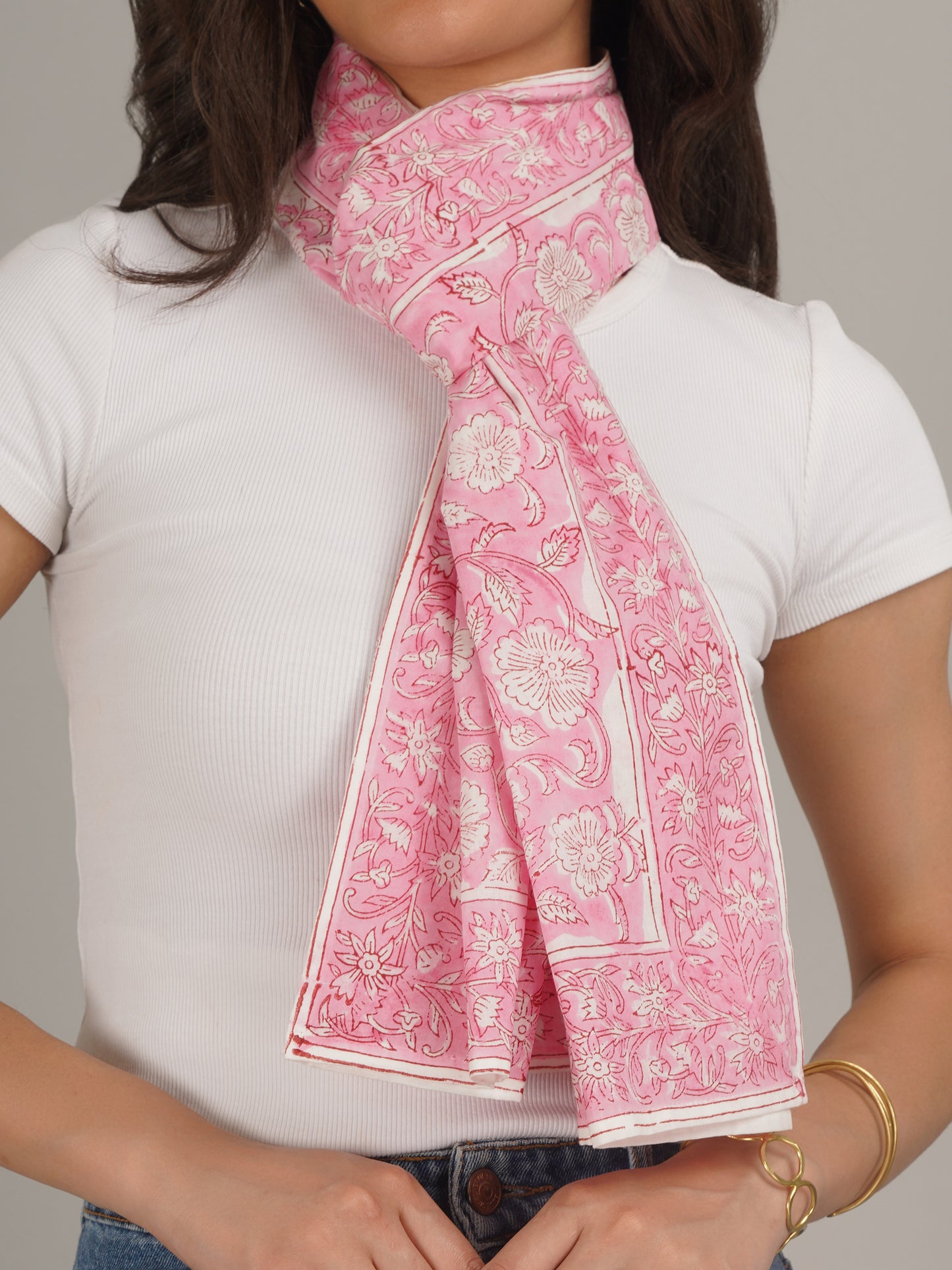 Pink Handblock Printed Pure Cotton Scarf 71 x 21 Inches-MCHP0024