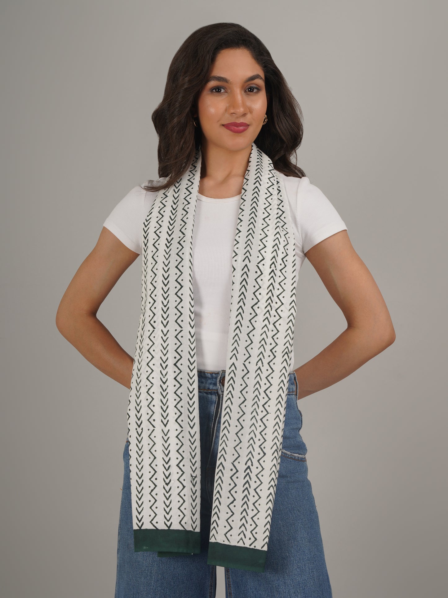 Green Chevron Handblock Printed Pure Cotton Scarf 71 x 21 Inches-MCHP0027
