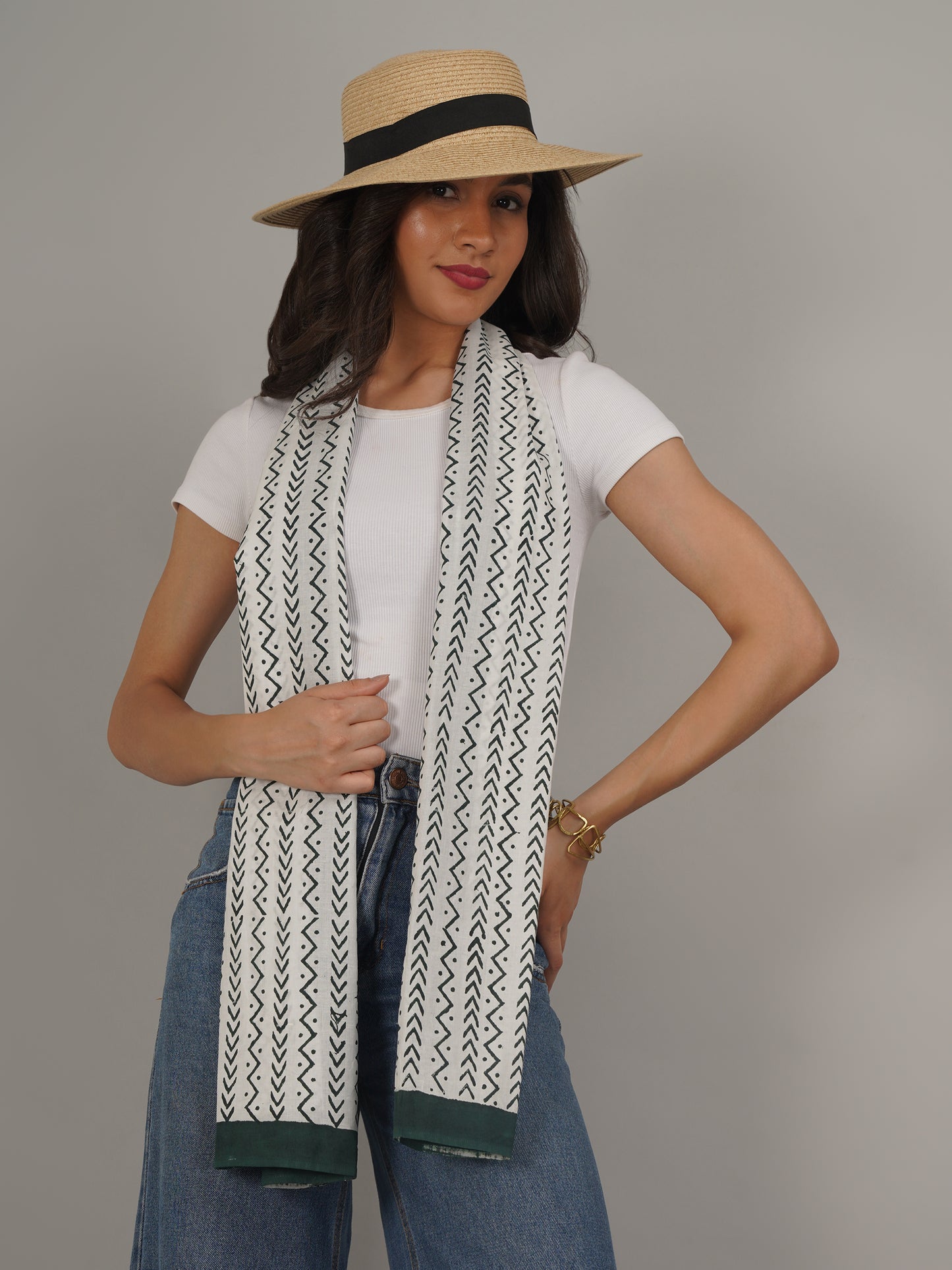 Green Chevron Handblock Printed Pure Cotton Scarf 71 x 21 Inches-MCHP0027