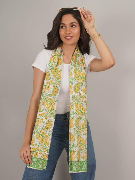 Green and yellow Handblock Printed Pure Cotton Scarf 71 x 21 Inches-MCHP0028