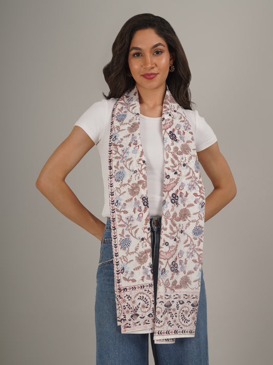 White Handblock Printed Pure Cotton Scarf 71 x 21 Inches-MCHP0029