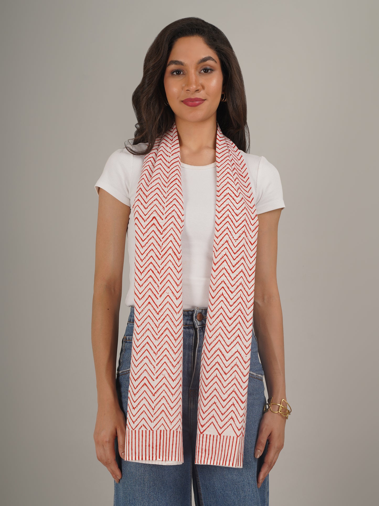 Red Chevron Handblock Printed Pure Cotton Scarf 71 x 21 Inches-MCHP0030
