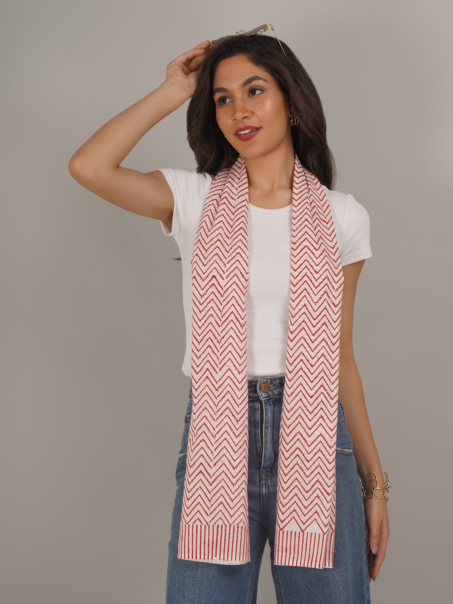 Red Chevron Handblock Printed Pure Cotton Scarf 71 x 21 Inches-MCHP0030