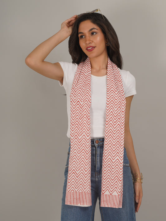 Red Chevron Handblock Printed Pure Cotton Scarf 71 x 21 Inches-MCHP0030