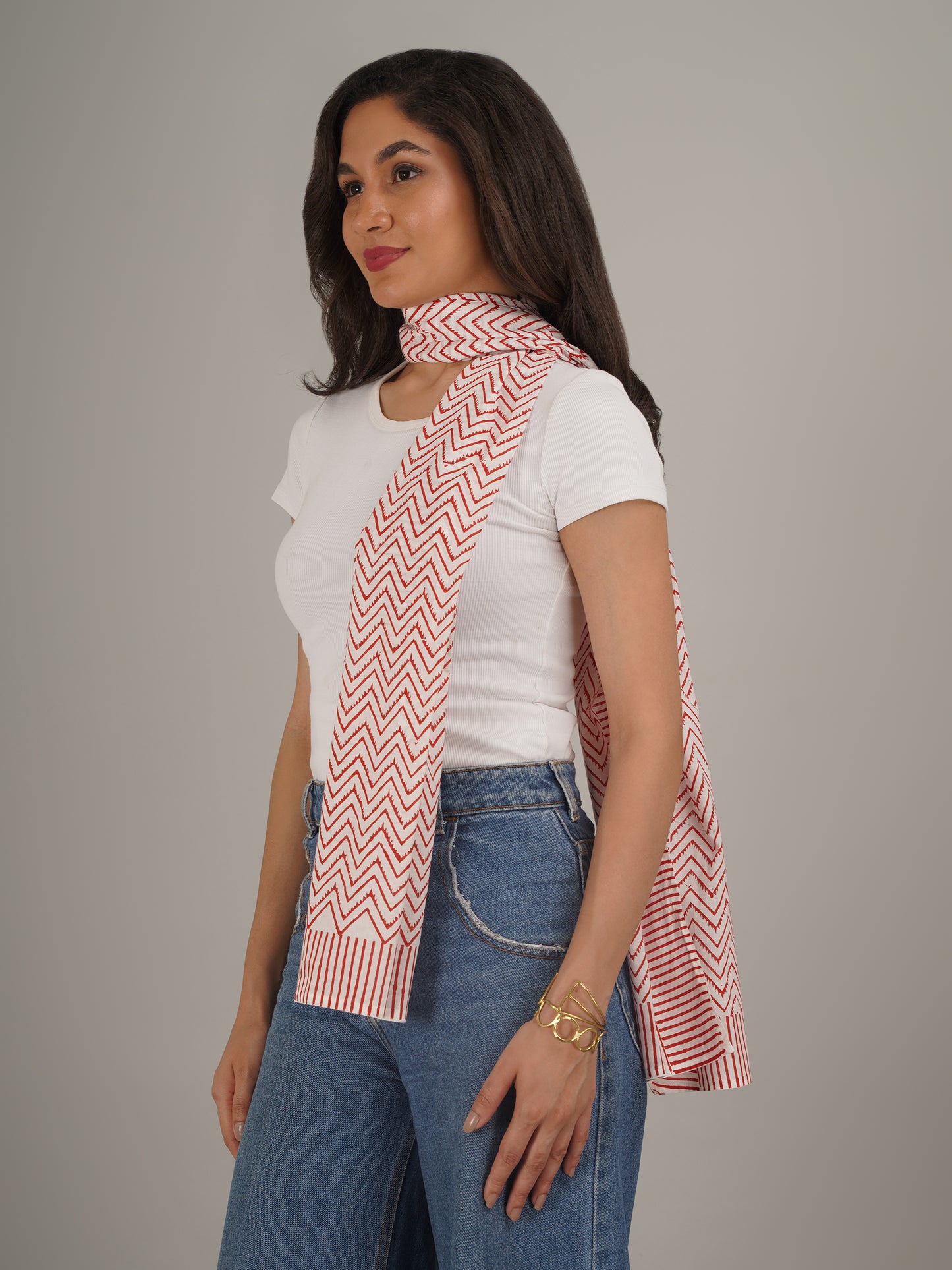 Red Chevron Handblock Printed Pure Cotton Scarf 71 x 21 Inches-MCHP0030