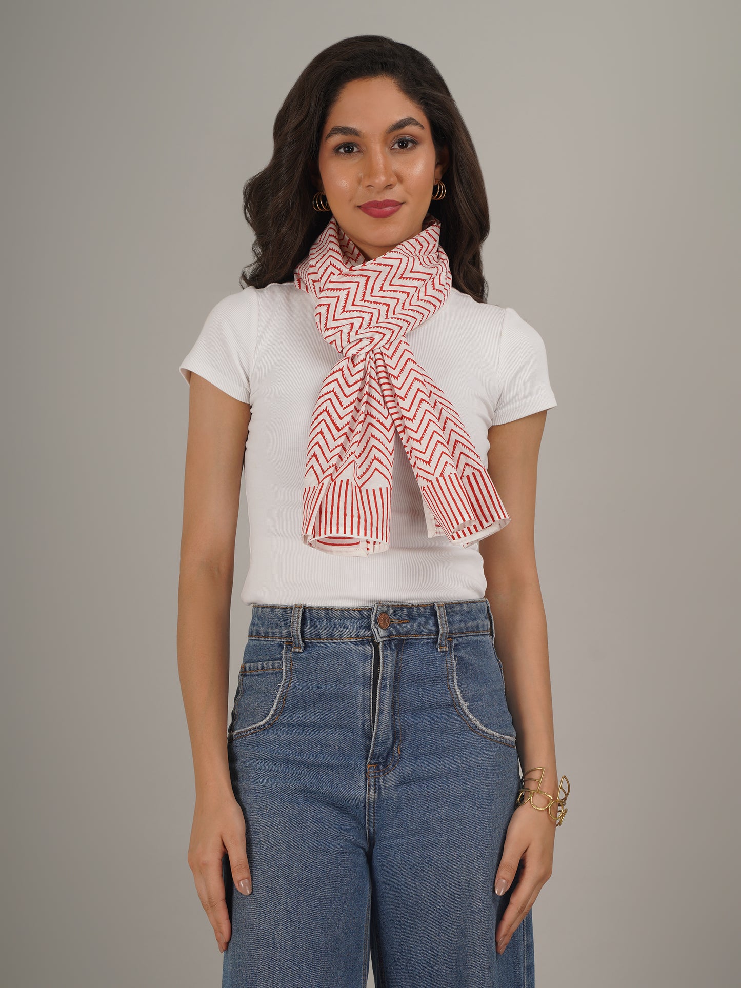 Red Chevron Handblock Printed Pure Cotton Scarf 71 x 21 Inches-MCHP0030