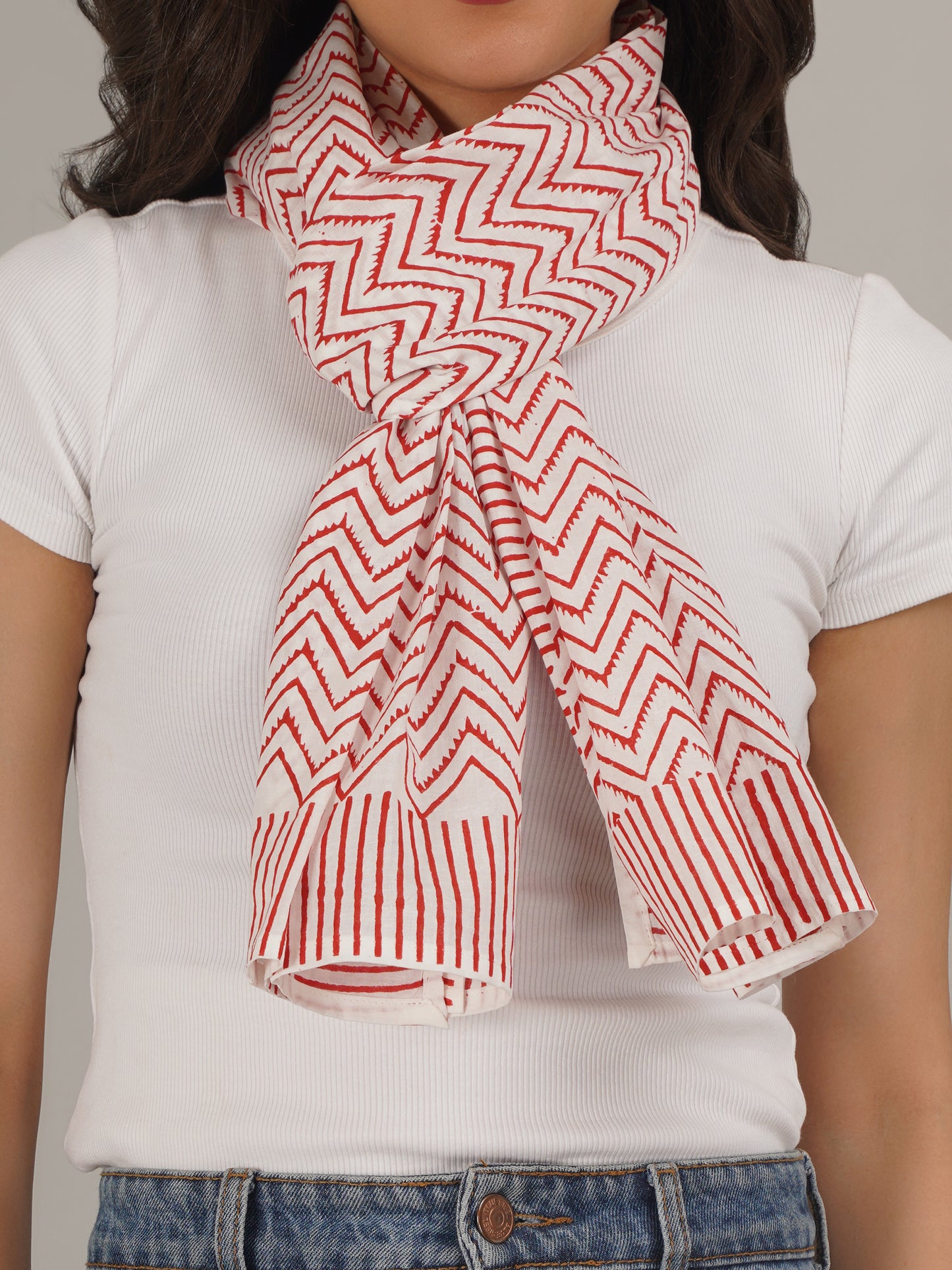 Red Chevron Handblock Printed Pure Cotton Scarf 71 x 21 Inches-MCHP0030