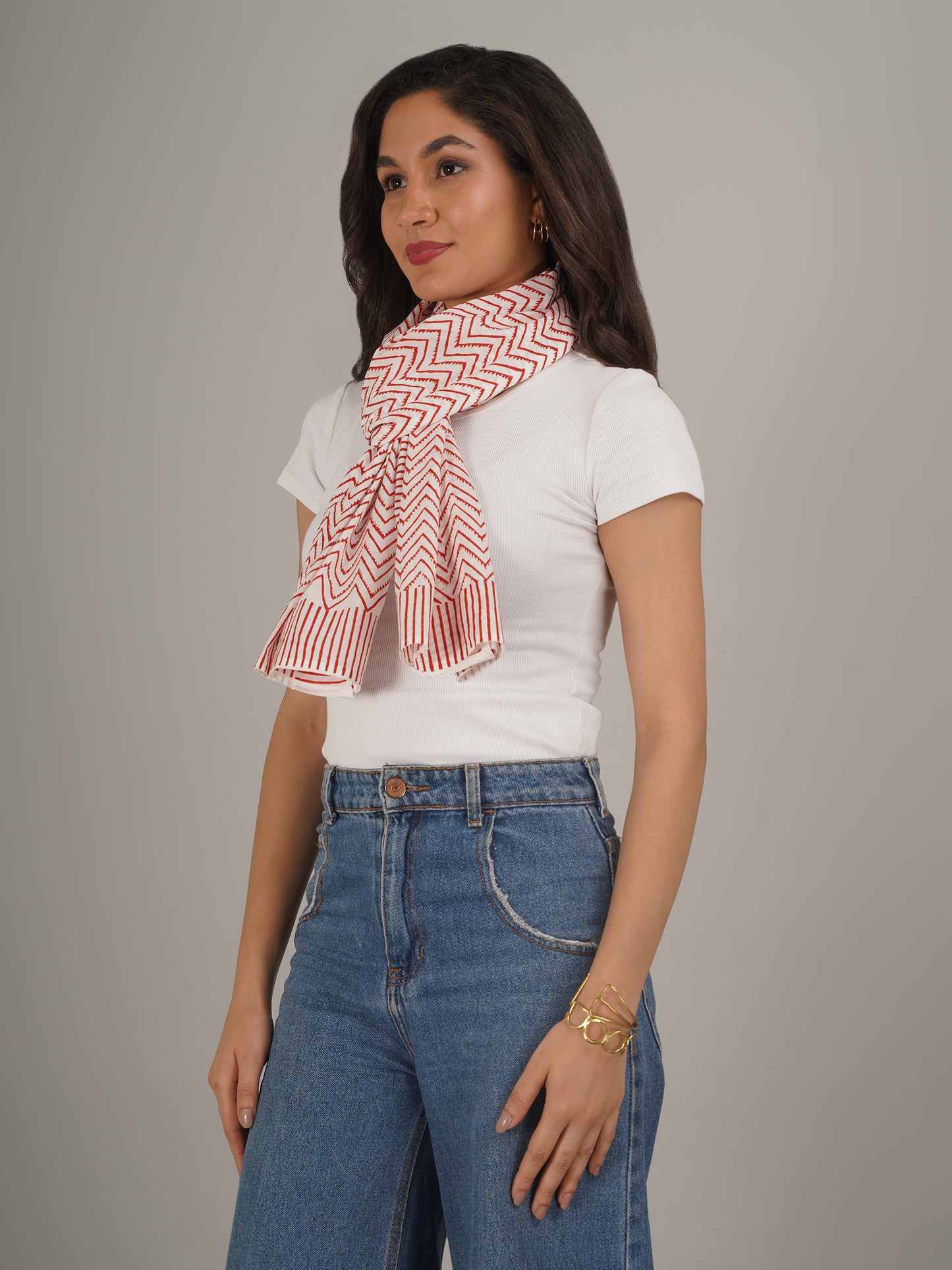 Red Chevron Handblock Printed Pure Cotton Scarf 71 x 21 Inches-MCHP0030