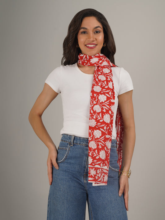 Red Floral Handblock Printed Pure Cotton Scarf 71 x 21 Inches-MCHP0031