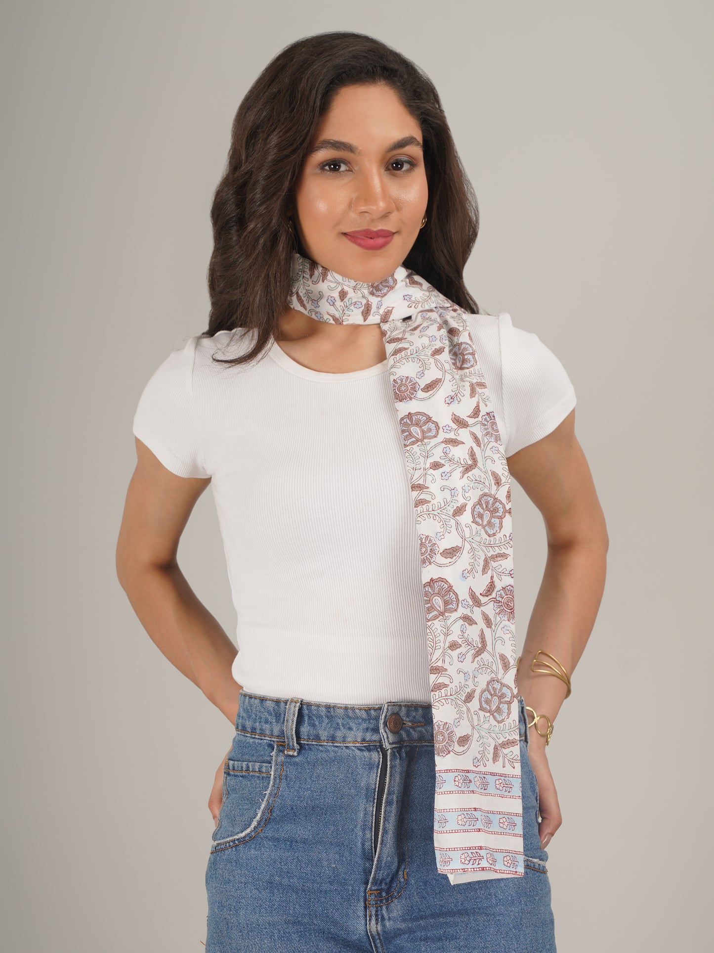White Floral Handblock Printed Pure Cotton Scarf 71 x 21 Inches-MCHP0032