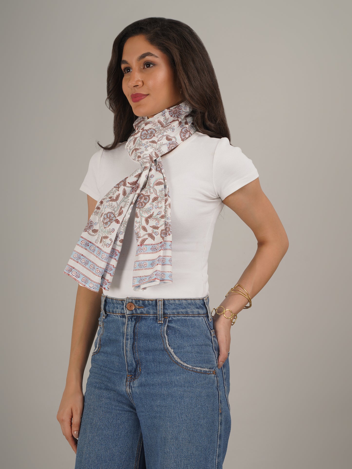 White Floral Handblock Printed Pure Cotton Scarf 71 x 21 Inches-MCHP0032