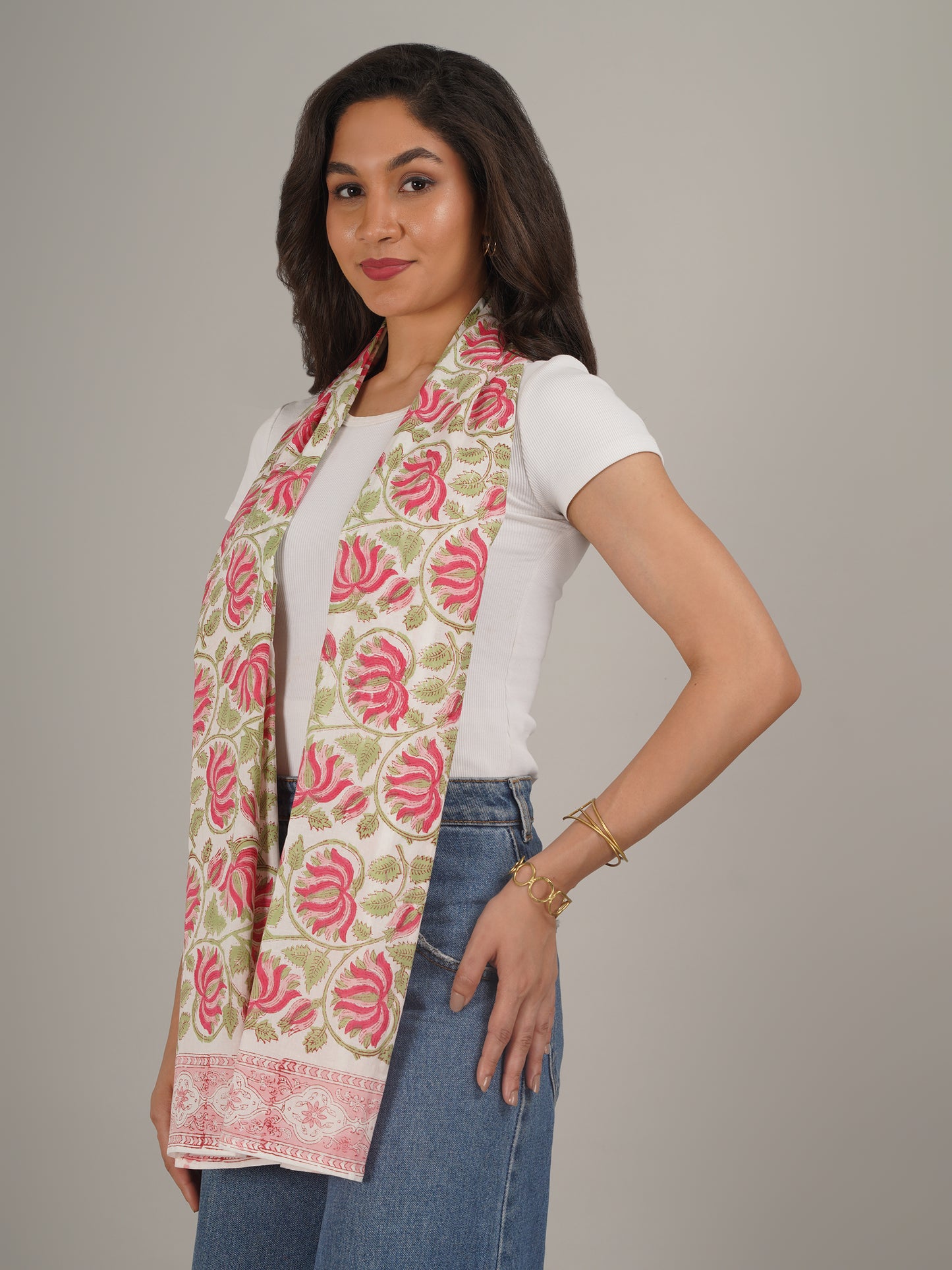 Pink and Green Floral Handblock Printed Pure Cotton Scarf 71 x 21 Inches-MCHP0033