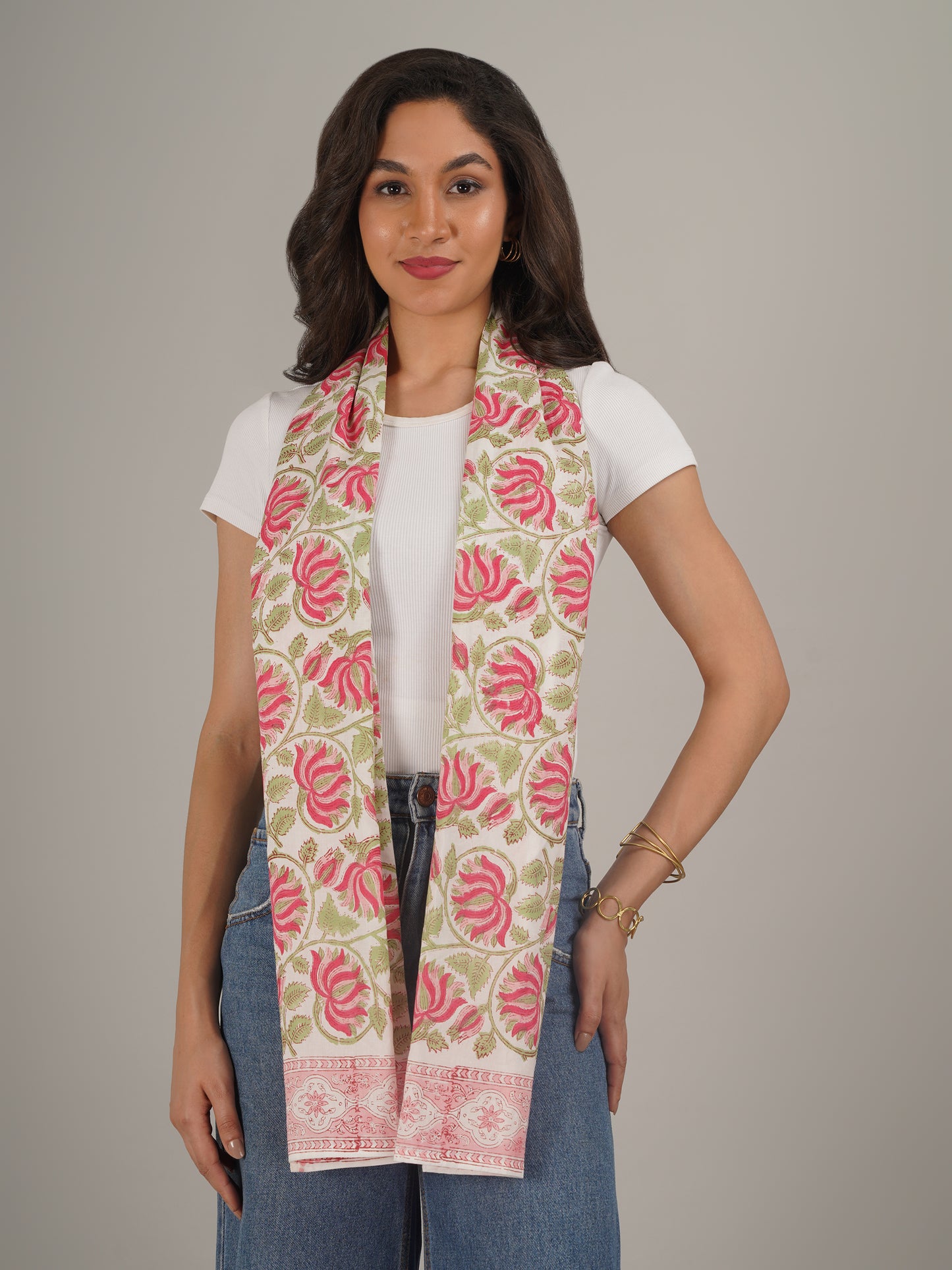Pink and Green Floral Handblock Printed Pure Cotton Scarf 71 x 21 Inches-MCHP0033
