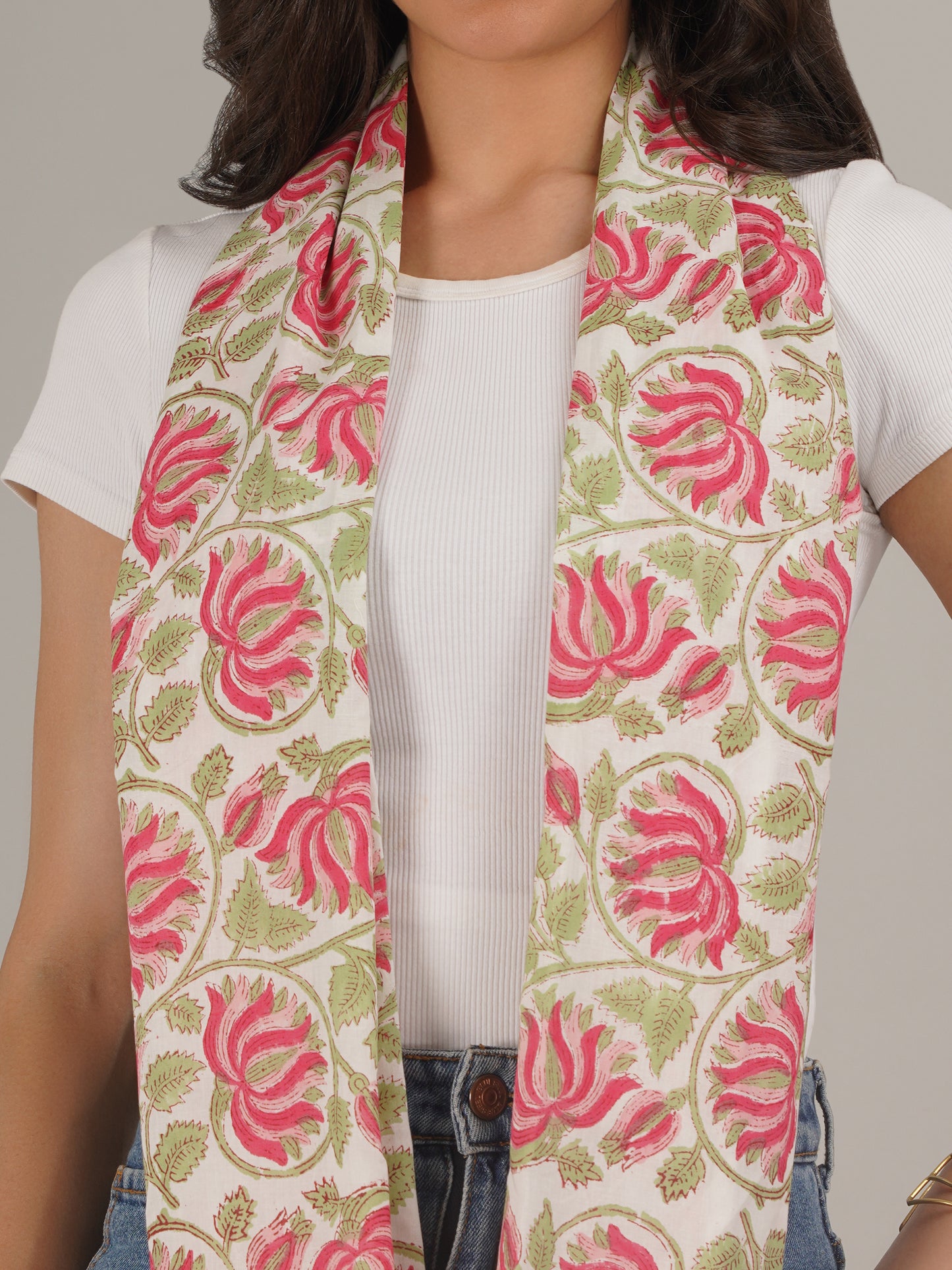 Pink and Green Floral Handblock Printed Pure Cotton Scarf 71 x 21 Inches-MCHP0033