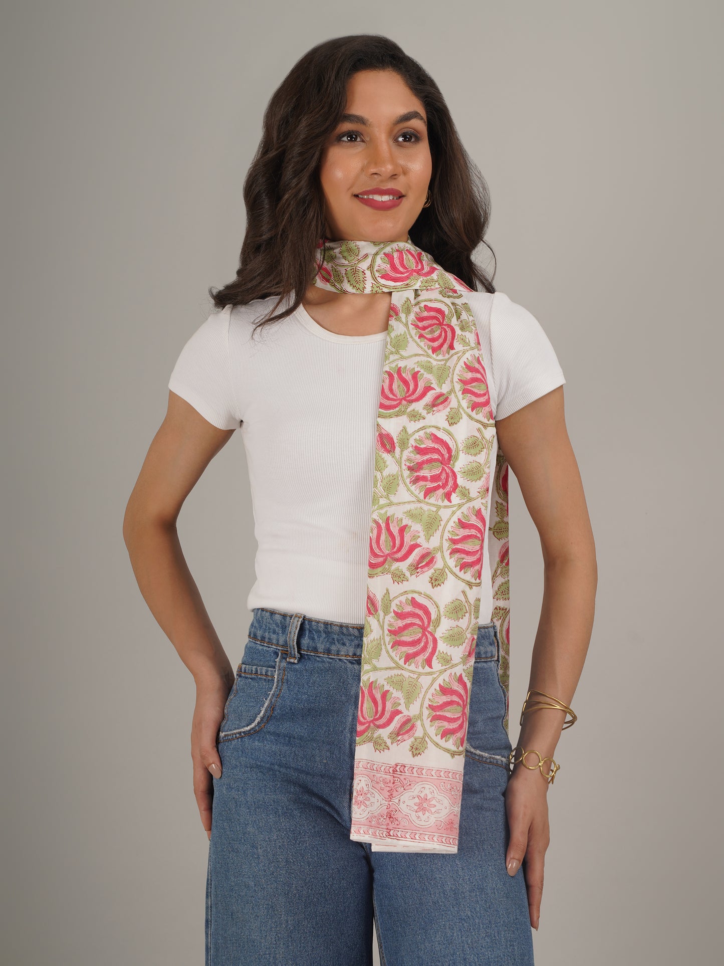 Pink and Green Floral Handblock Printed Pure Cotton Scarf 71 x 21 Inches-MCHP0033