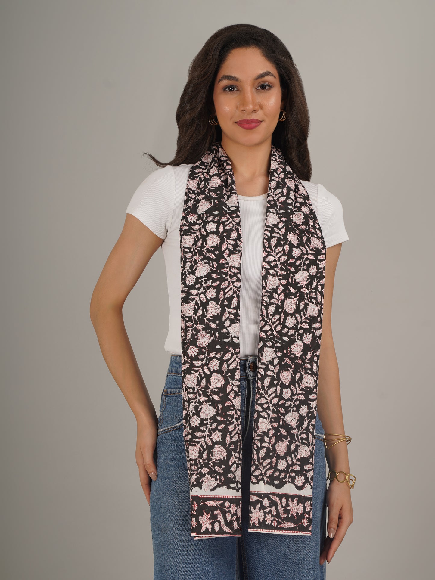 Black Floral Handblock Printed Pure Cotton Scarf 71 x 21 Inches-MCHP0034
