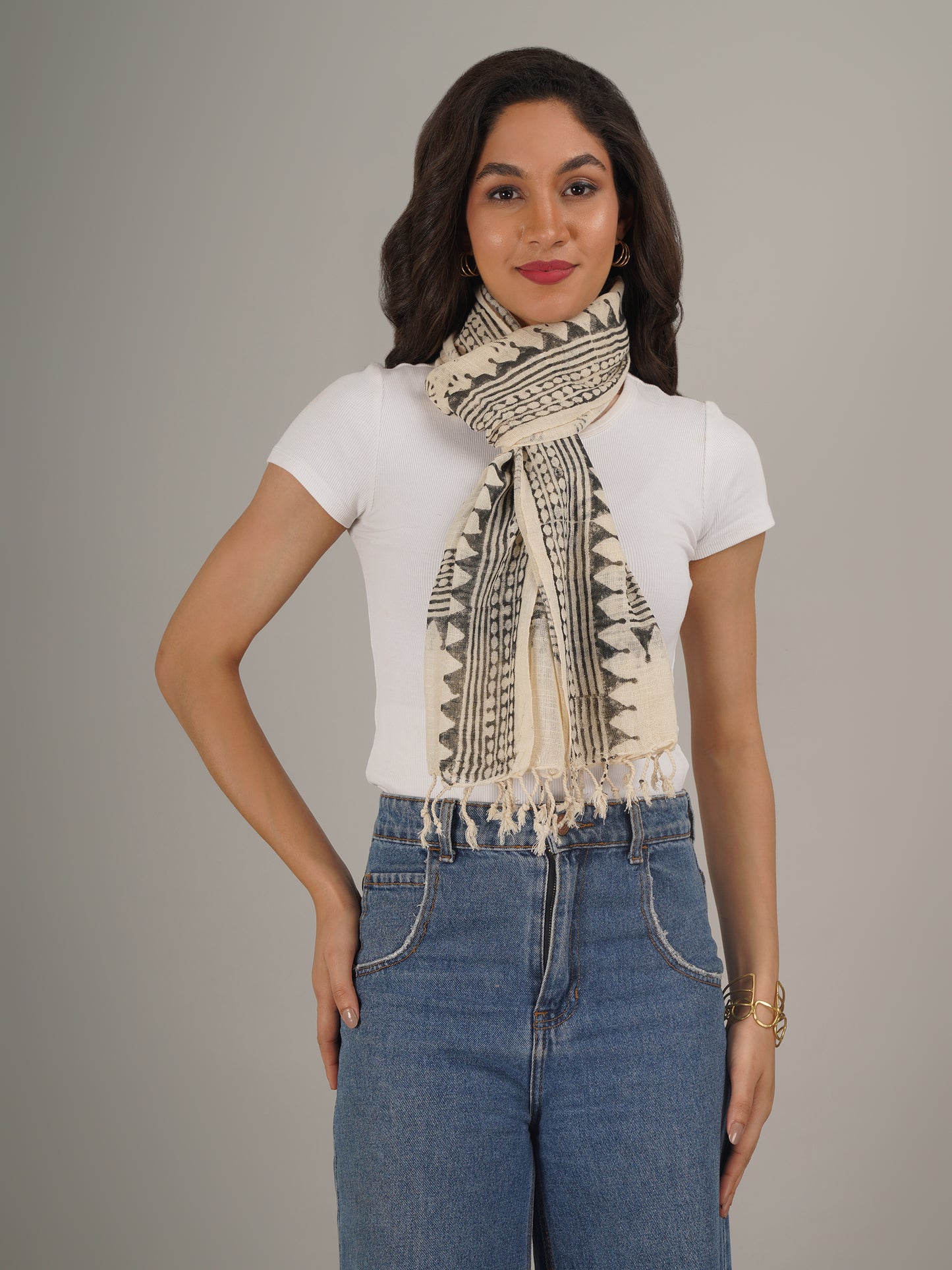 Beige and Black Floral Handblock Printed Pure Cotton Scarf 71 x 21 Inches-MCHP0035