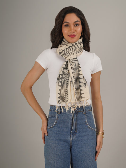 Beige and Black Floral Handblock Printed Pure Cotton Scarf 71 x 21 Inches-MCHP0035