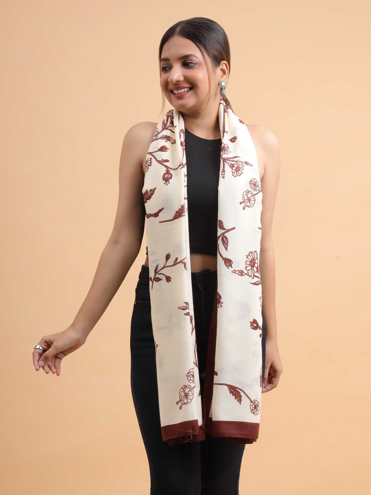 Brown Botanical Print 100% Viscose Scarf