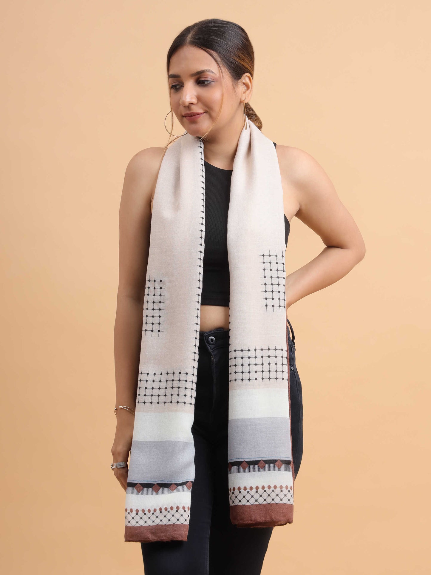 Brown & Grey Geometric Border 100% Viscose Scarf