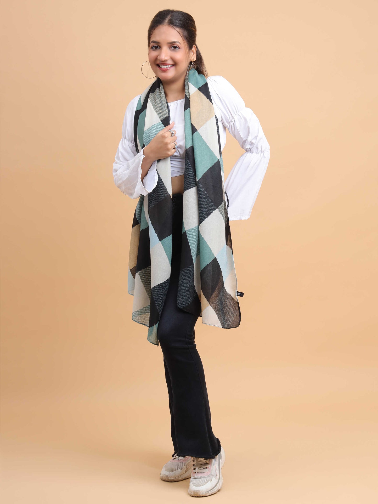 Black Teal Checkered 100% Viscose Scarf