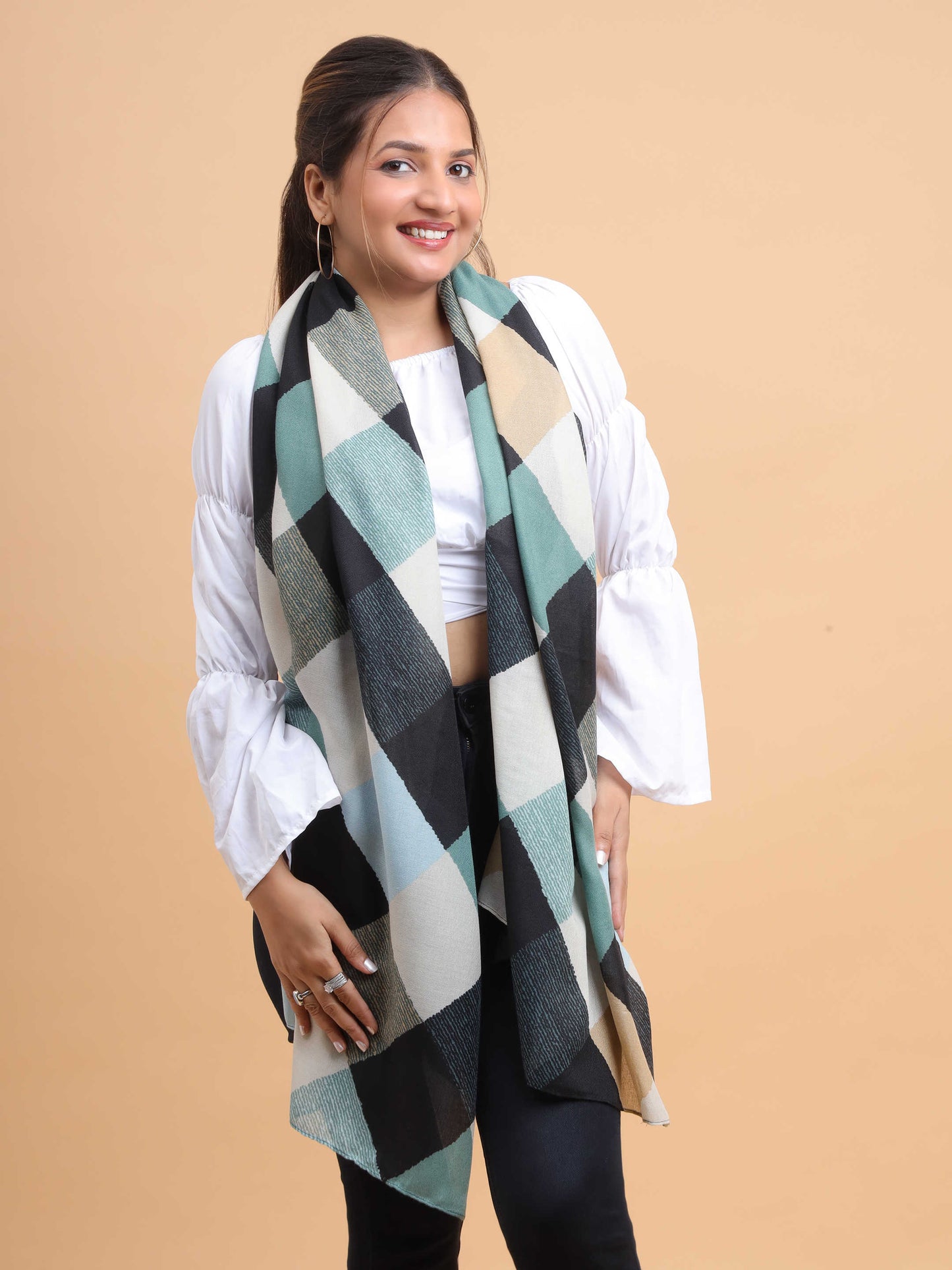 Black Teal Checkered 100% Viscose Scarf