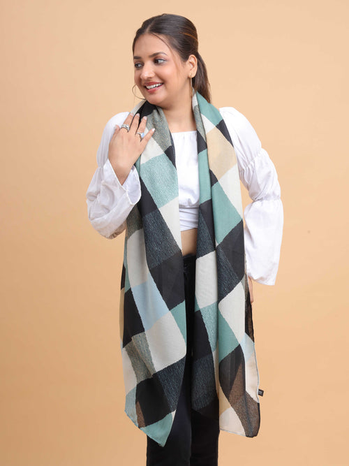 Black Teal Checkered 100% Viscose Scarf