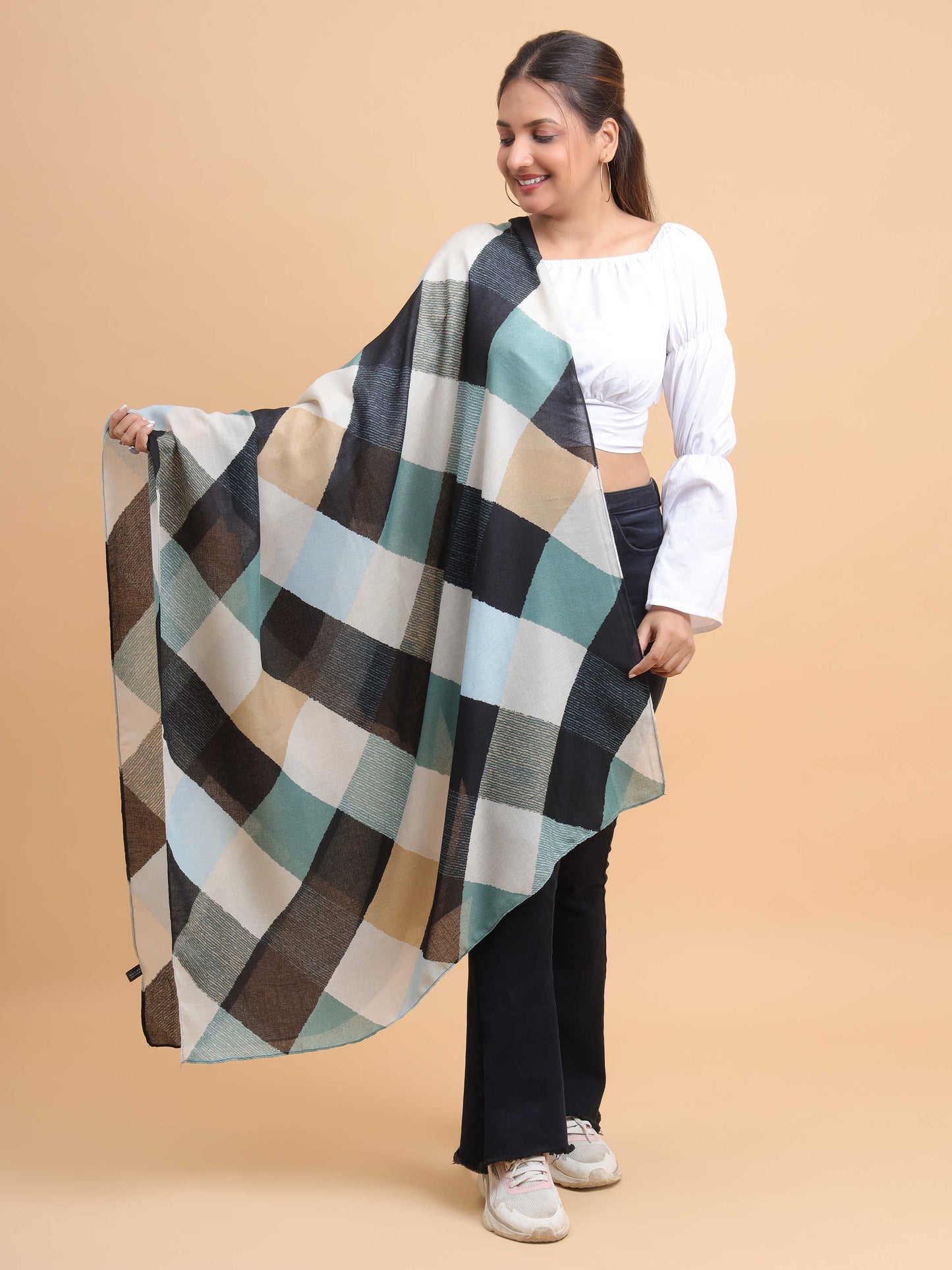 Black Teal Checkered 100% Viscose Scarf