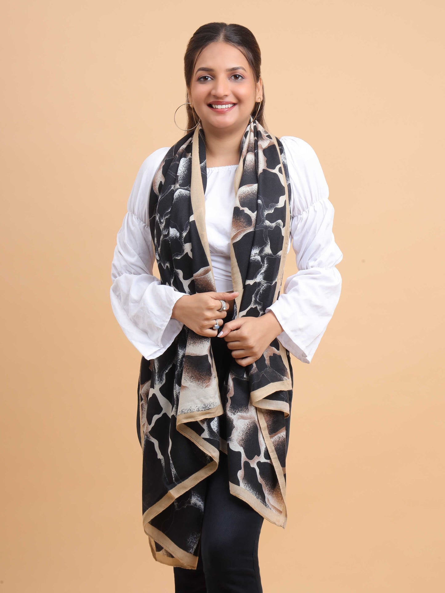 Black & Beige Abstract Texture 100% Viscose Scarf