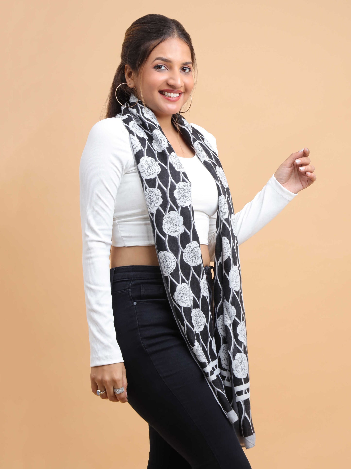 Black & White Floral Lattice 100% Viscose Scarf