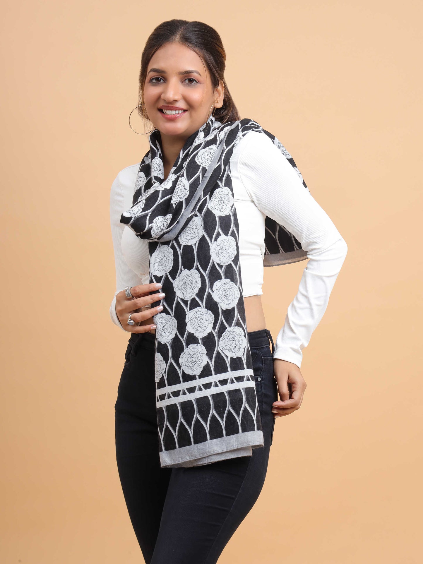 Black & White Floral Lattice 100% Viscose Scarf